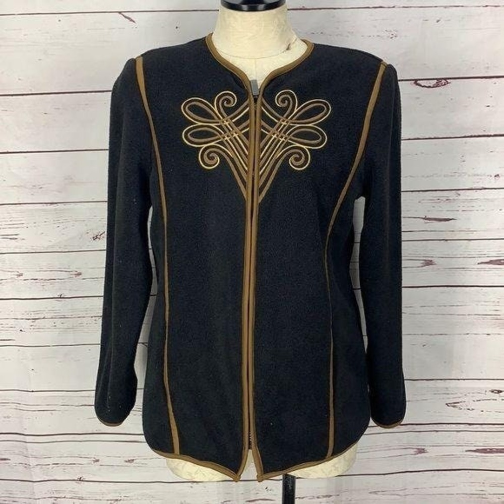 Bob Mackie Wearable Art Black Jacket With Gold Embroidery & Front Zip Closure -